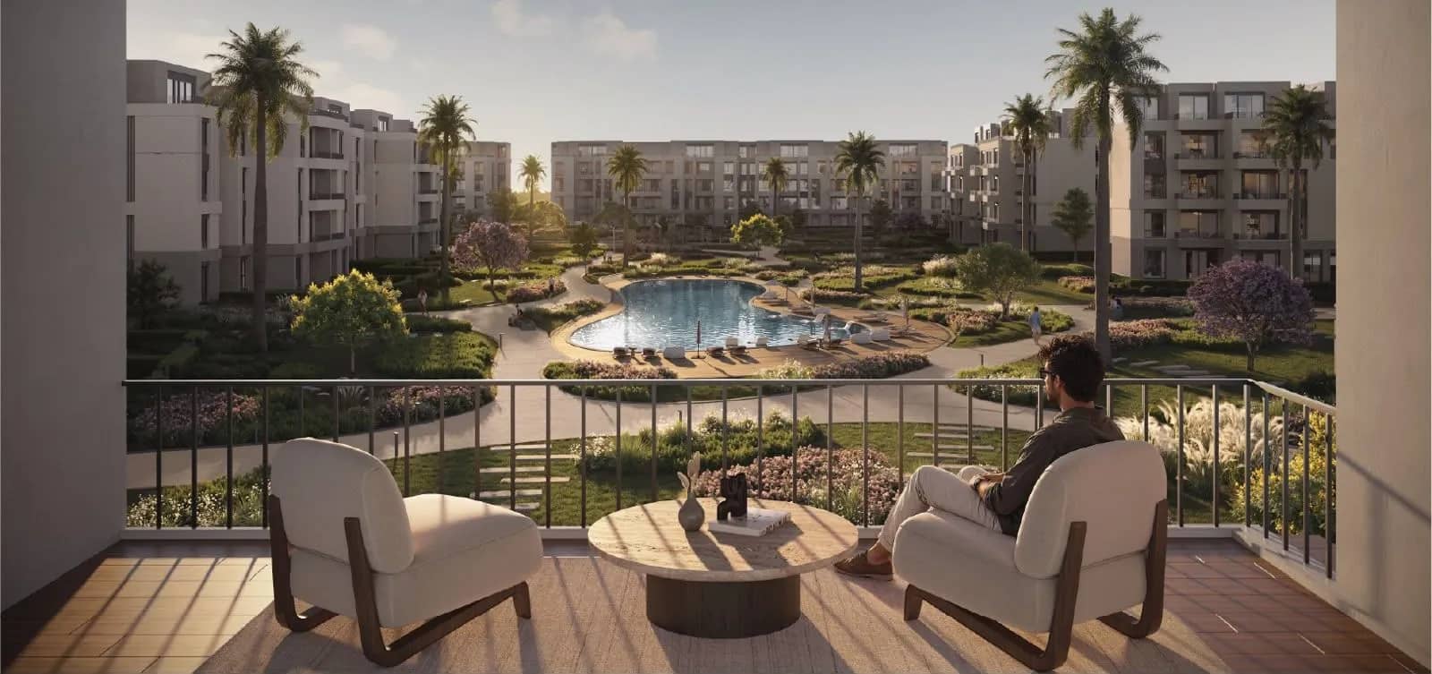تراس يطل على الحدائق والمسطح المائي